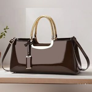 NWOT Elegant Evening Satchel Crossbody Bag Glossy Brown Zipper PU Leather Dusty